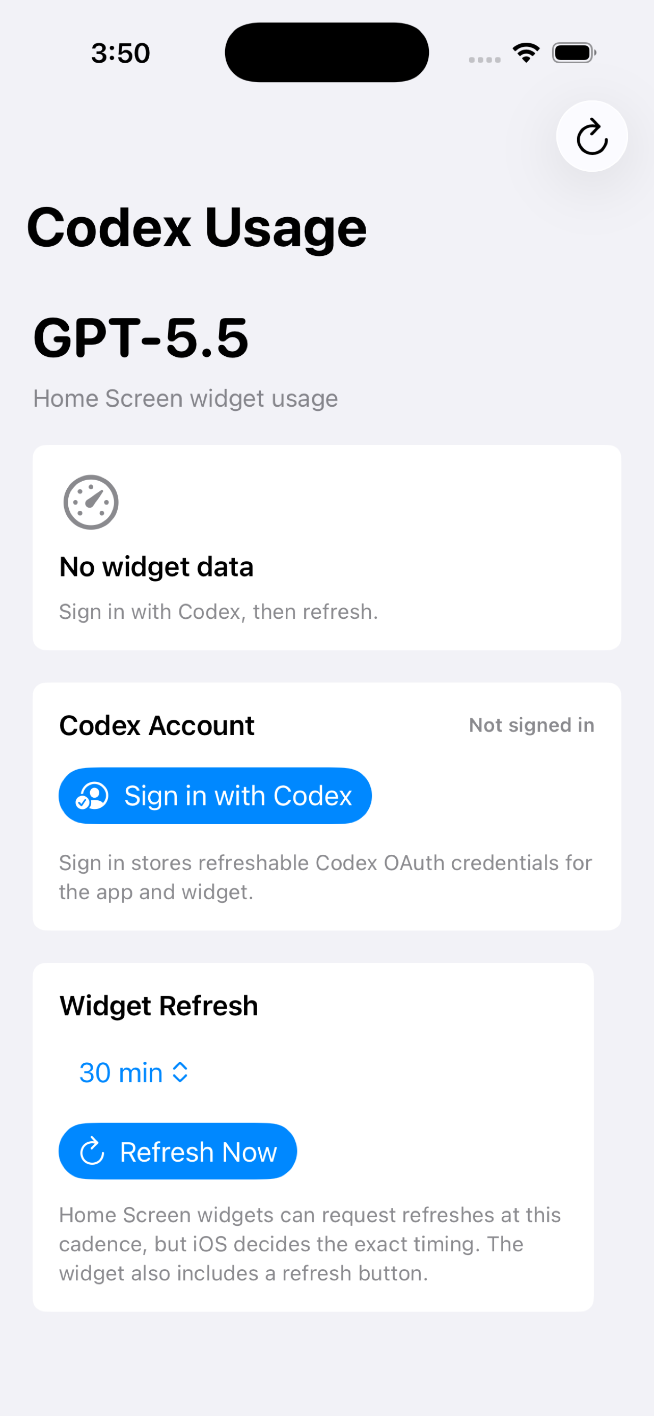 Codex Meter showing Codex usage on iOS.